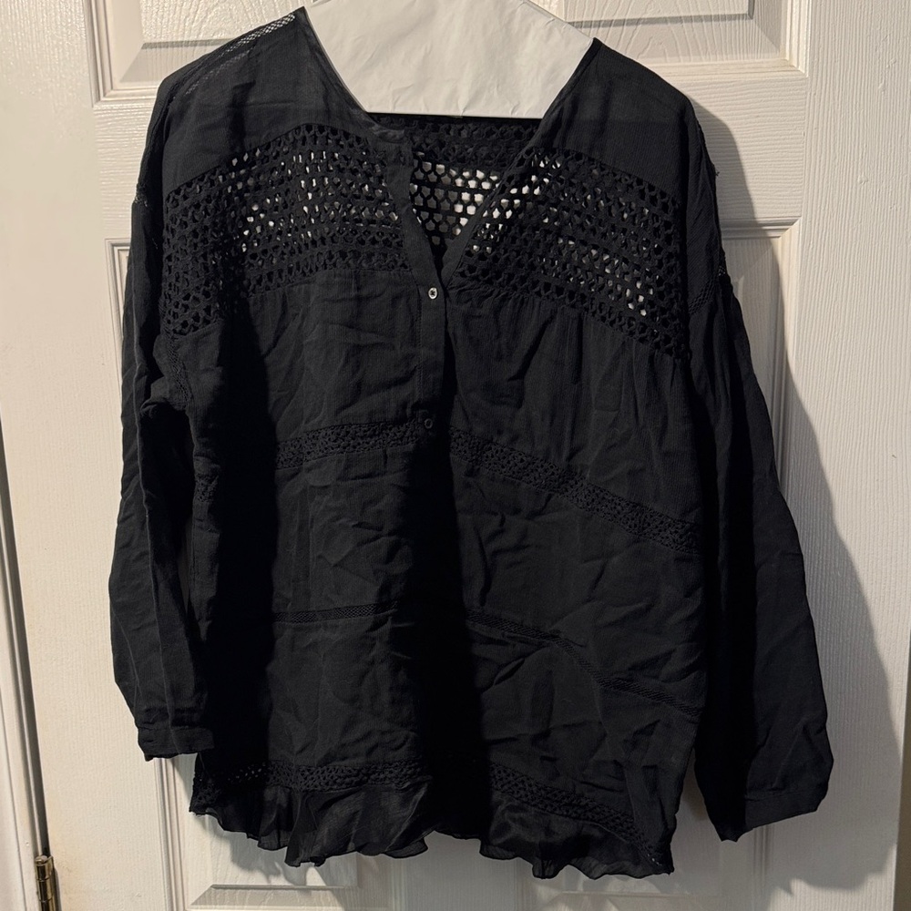 Women's Black Crochet-Detail Long Sleeve Blouse